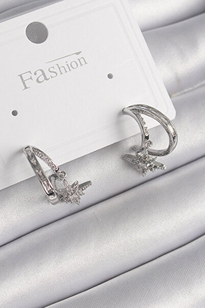 Twin Store Brass Silver Color Zircon Stone Hoop Model Dangle Star Detail Wome...