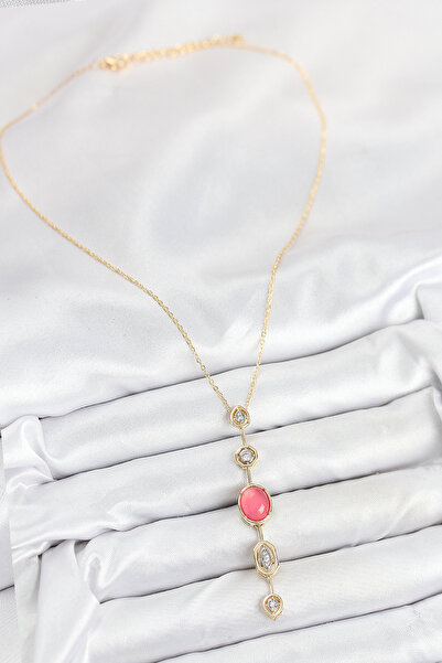 Generic Brand Brass Chain Pink Gold Color Zircon Stone Y Necklace