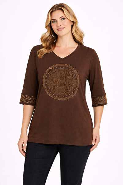 Şans Γυναικείο Τουνίκ Μεγάλου Μεγέθους σε Καφέ Χρώμα με Λεπτομέρεια από Πέτρα...
