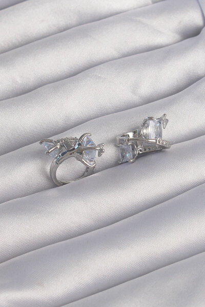 Generic Brand Brass Silver Color Chunky Zircon Stone Curved Minimal Ring Earr...