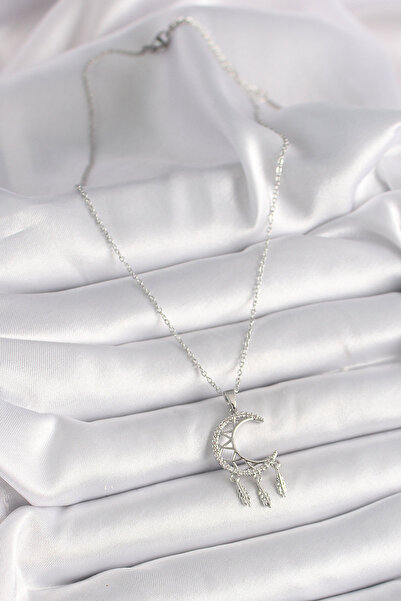 Hobibahçem 316L Steel Silver Color Chain Zircon Stone Crescent Model Hanging ...