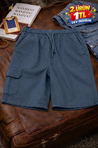 DAMGA JEANS Ανδρικό κομψό, μοντέρνο, μπλε λινό σορτς με πολλές τσέπες cargo