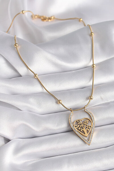 Hobibahçem 316L Steel Gold Color Zircon Stone Detailed Heart Sapling Model Wo...