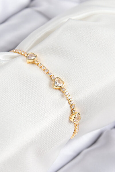 BŞK VİRGO Brass Zircon Stone Row Heart Model Gold Color Women's Bracelet