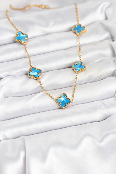 Generic Brand 316L Steel Chain Gold Ice Blue Color Clover Necklace