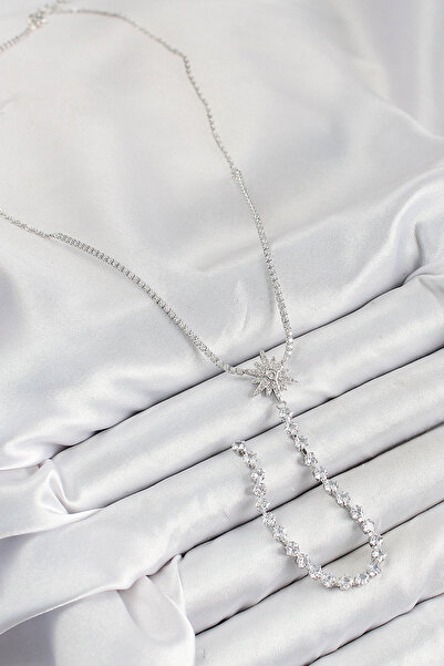 Hobibahçem Brass Zircon Stone Pole Star Model Gold Color Y Necklace