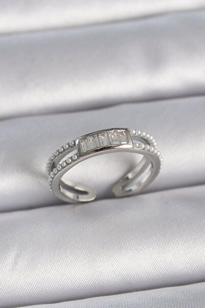 Twin Store Brass Silver Color Adjustable Row Pearl and Zircon Stone Women's Ring