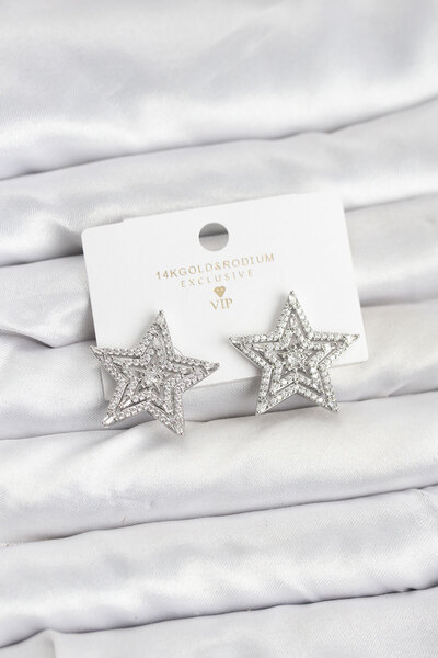 Hobibahçem Silver Color Brass Zircon Stone Star Model Women's Earrings