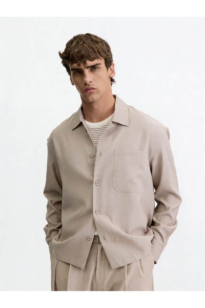 Atelier Old Money Cepli Oversize Taş Rengi Modal Gömlek SS7149