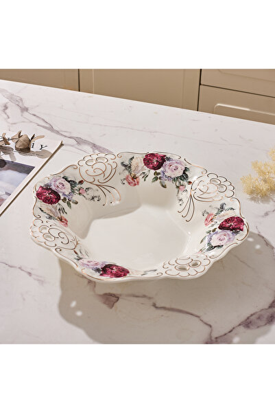 Malooki Πορσελάνινη φρουτιέρα με vintage φλοράλ σχέδιο, δαντελωτές άκρες, διά...