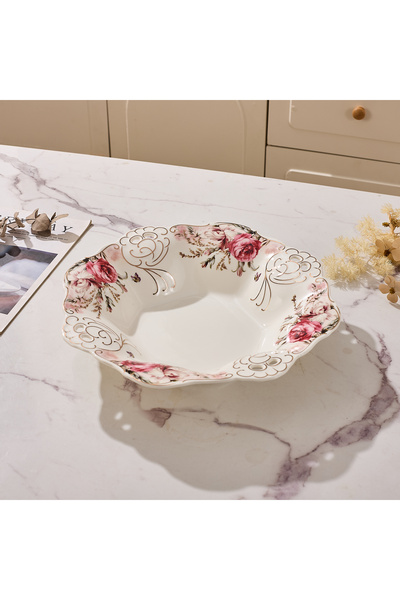 Malooki Πορσελάνινη φρουτιέρα με vintage φλοράλ σχέδιο, δαντελωτές άκρες, διά...