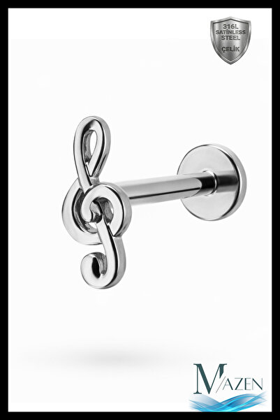 MAZEN Sol Anahtarı Tragus Piercing | 316L Çelik | Arkası Düz (Flat Back) | Ka...