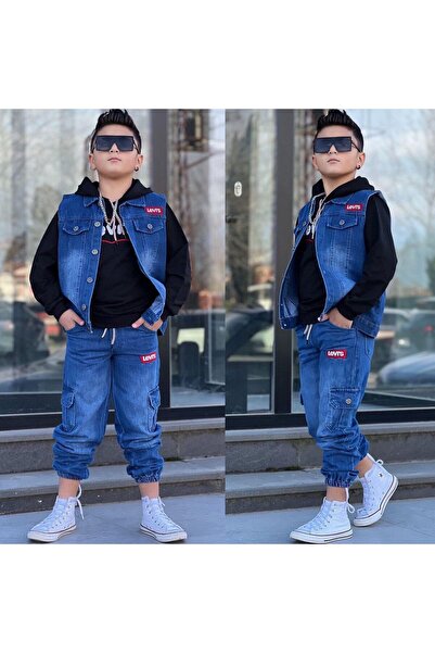 Erkek Çocuk Kot Yelekli Takim Kot yelek Kot Pantalon Sweat