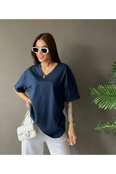 EVRA Kadın Lacivert V Yaka Basic Tshirt