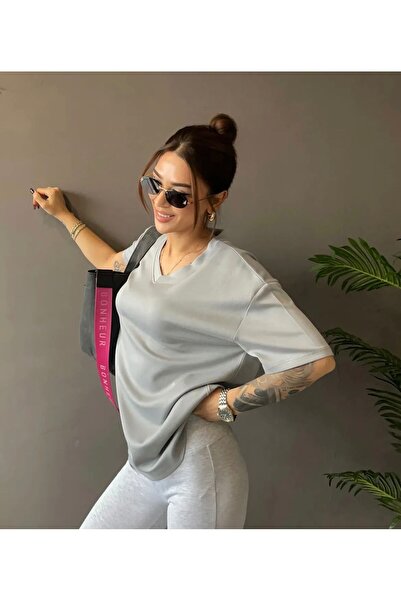 EVRA Kadın Gri V Yaka Basic Tshirt