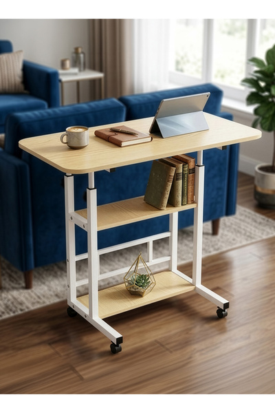 Cady One طاولة لابتوب متحركة بارتفاع قابل للتعديل مع سطح خشبي متين وإطار معدن...