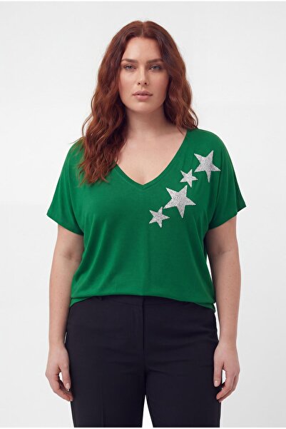 Ebsumu Women's Plus Size Front Back V-Neck Star Printed Green Blouse