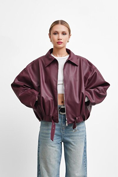 Orions Collection Γυναικείο δερμάτινο μπουφάν oversized με ζώνη και αγκράφα, ...