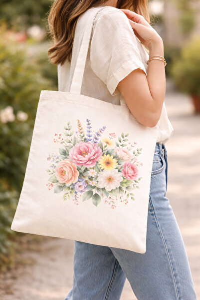 Tomris Hatun Υφασμάτινη τσάντα με στάμπα λουλουδιών, τσάντα ώμου, υφασμάτινη ...