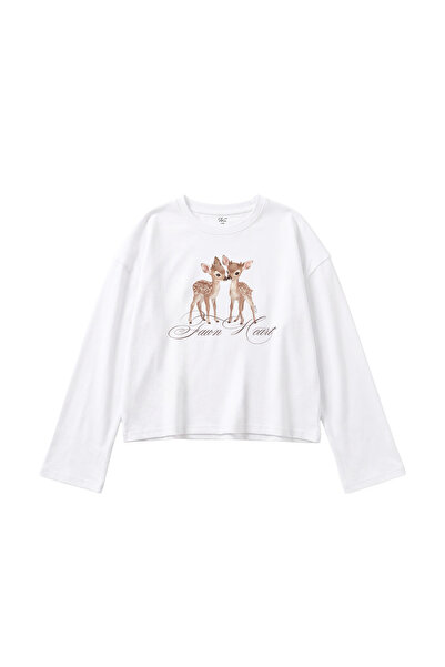 WHITE OF CREATIVE Kadın Fawn Heart Geyik Baskılı Uzun Kollu Bluz Tişört