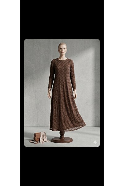 MODA Simli Tül Detaylı Kahverengi Elbise