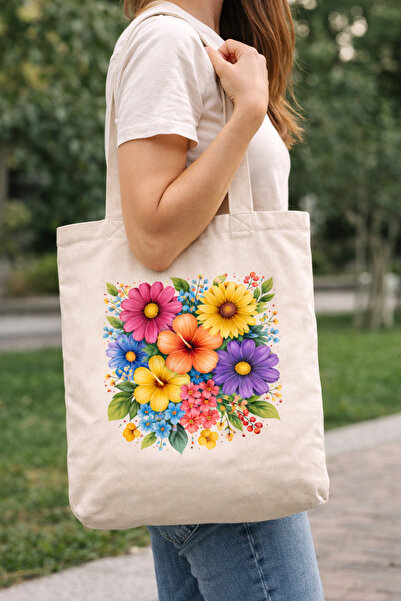 Tomris Hatun Υφασμάτινη τσάντα με στάμπα λουλουδιών, τσάντα ώμου, υφασμάτινη ...