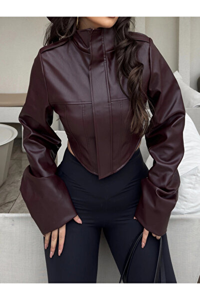 Orions Collection Γυναικείο δερμάτινο μπουφάν Crop με ψηλό γιακά Biker Motorc...