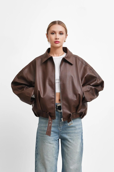 Orions Collection Γυναικείο δερμάτινο μπουφάν oversized με ζώνη και αγκράφα, ...