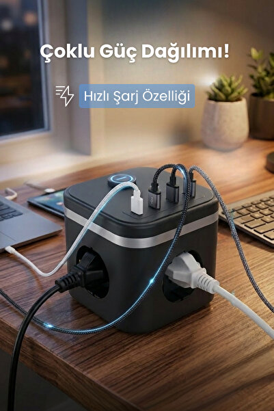 Yussraw Yeni 3680W Pro 2xtype-C ve 2x USB Girişli Anahtarlı 3lü Çoğaltıcı Küp 2mt Kablolu Akım Korumalı Priz