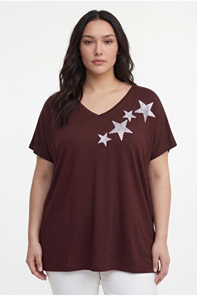 Ebsumu Women's Plus Size Front Back V-Neck Star Printed Brown Blouse