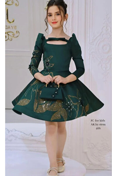JC Luxury Green Gold Patterned Girls' Dress with Accessories