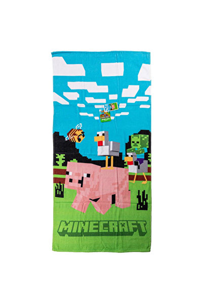 MINECRAFT Prosop de plajă din bumbac cu model Purceluș, 70x140 cm, Albastru