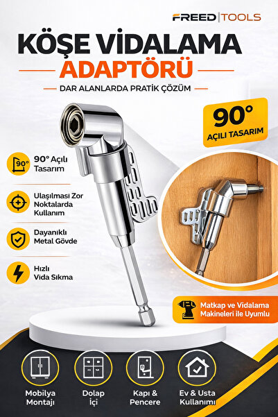 FREED TOOLS 90° Köşe Vidalama Adaptörü 1/4" Bits Uyumlu Matkap Aparatı