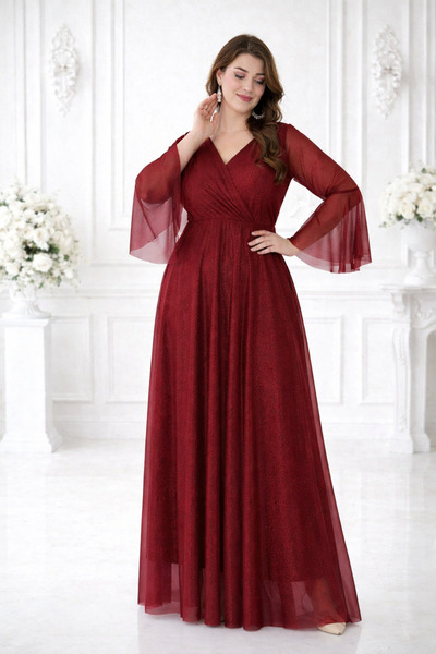 IŞILTI Γυναικείο βραδινό φόρεμα με διπλό γιακά, μακριά μανίκια από τούλι, σιφ...