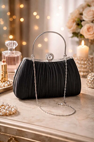 Famels Μαύρη σατέν βραδινή τσάντα φόρεμα με μανίκια/τσάντα χειρός, βραδινό φό...