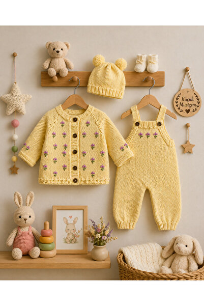 Handmade 4 Parça El Örgüsü Bebek Seti %100 Pamuklu Tulum Hırka Şapka Patik 6-...