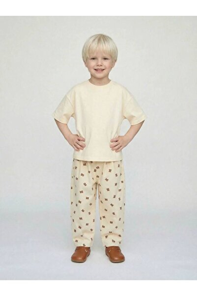 dundeekids Çocuk Balon Krem Ayıcıklı Bear Desenli Unisex Jean Pantolon