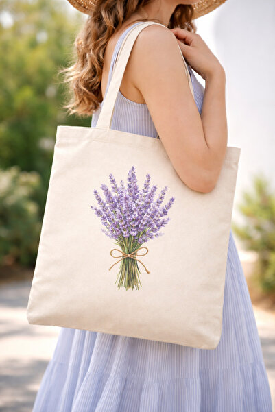 Tomris Hatun Τσάντα από ακατέργαστο ύφασμα με στάμπα λεβάντας, τσάντα ώμου, υ...