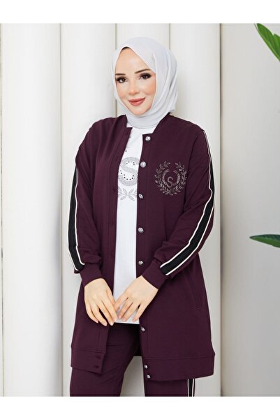 moda4b Women's 3-Piece Tracksuit Set Two-Thread Cotton Buttoned Stylish Desig...