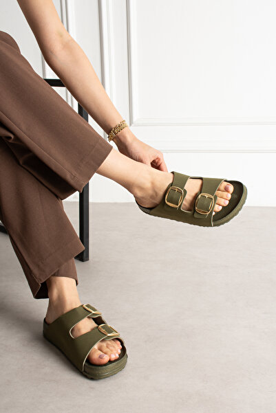 pasyone Χακί γυναικείες κομψές άνετες παντόφλες με διπλή πόρπη