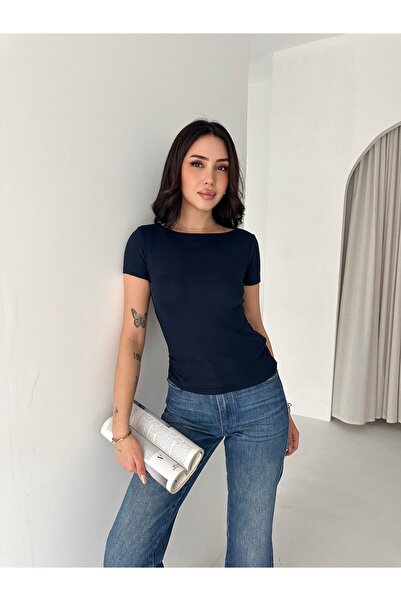 Elaxi Women's Short Sleeve Boat Neck Buzy Fabric T-Shirt