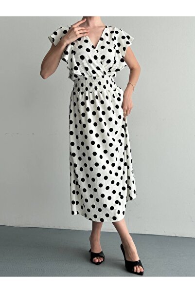 Hazinedan Women's Wrinkled Fabric Polka Dot Double Breasted Collar and Ruffle...