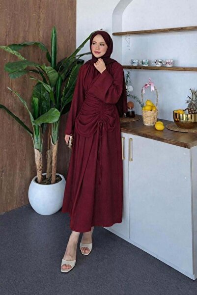 Şulemoda Giyim Τρόγια Λινό Φόρεμα Βουργουνδίας