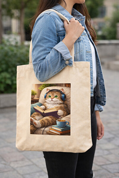 Tomris Hatun Τσάντα από ακατέργαστο ύφασμα με σχέδιο γάτας, τσάντα ώμου, υφασ...