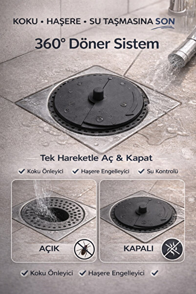 EUROLUXE 360° Döner Gider Kapatıcı Yer Süzgeci Kapağı Koku Önleyici Haşere En...