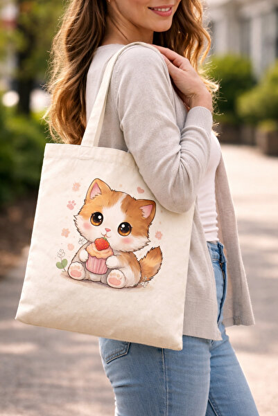 Tomris Hatun Τσάντα από ακατέργαστο ύφασμα με σχέδιο γάτας, τσάντα ώμου, υφασ...