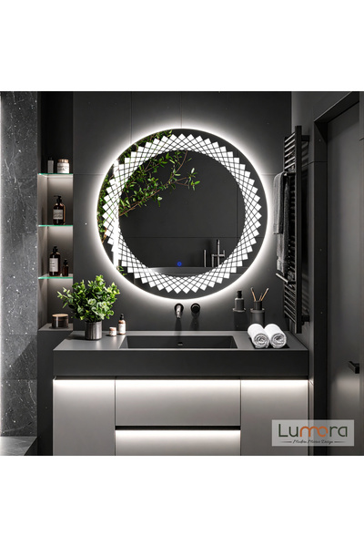 lumora mirror design Elyssara Beyaz Led'li Lazer Kumlamalı Lavabo & Banyo Ayn...