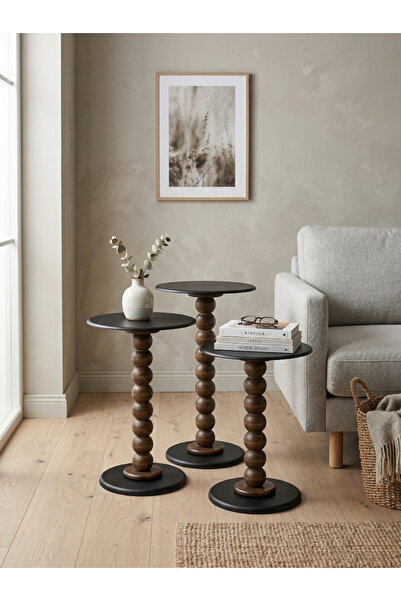 goji home decor 3’lü Ahşap Metal Zigon Sehpa Seti 50-55-60 cm Siyah Tabla Nat...