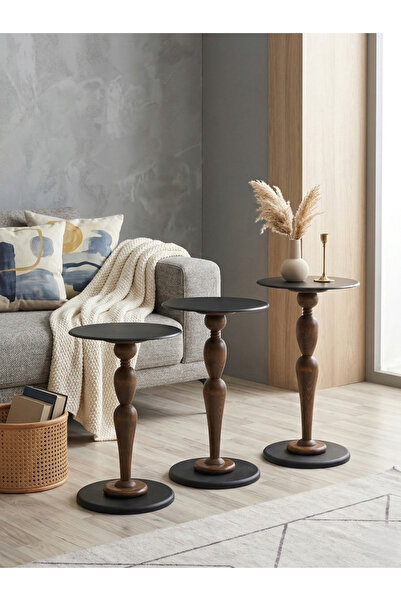goji home decor 3’lü Ahşap Metal Zigon Sehpa Seti 50-55-60 cm Siyah Tabla Nat...
