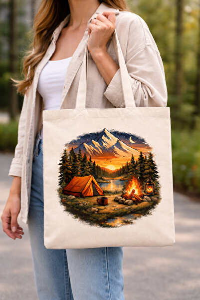 Tomris Hatun Υφασμάτινη τσάντα με θέμα το κάμπινγκ, τσάντα ώμου, υφασμάτινη τ...